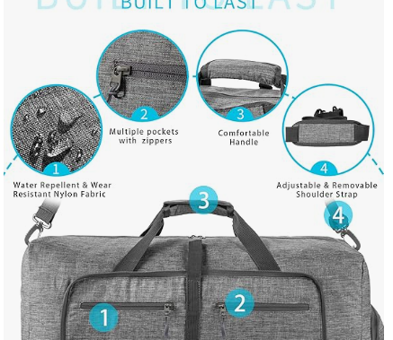 Foldable Travel Duffle Bag, Lightweight Checked Luggage with Shoe Compartment, Water-Resistant Weekender Overnight Bag for Men & Women