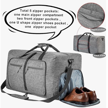 Foldable Travel Duffle Bag, Lightweight Checked Luggage with Shoe Compartment, Water-Resistant Weekender Overnight Bag for Men & Women